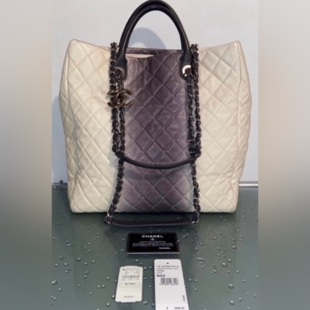CHANEL Ombre Caviar Large Quilted Ivory & Gray Silver Chain Tote Bag MSRP $3,600
